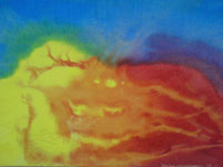 Oeuvre d'une personne ayant participé à un stage de peinture instinctive : taches avec 3 couleurs primaires