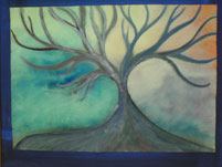 Oeuvre d'une personne ayant participé à un stage de peinture instinctive : arbre, tons bleu