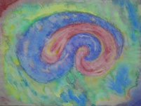 Oeuvre d'une personne ayant participé à un stage de peinture instinctive : pseudo ying et yong, tons pastel