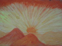 Oeuvre d'une personne ayant participé à un stage de peinture instinctive : couché de soleil derrière des montagne, tons rouge