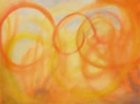 Oeuvre d'une personne ayant participé à un stage de peinture instinctive : courbes oranges sur fond jaune