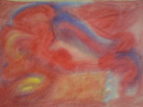 Oeuvre d'une personne ayant participé à un stage de peinture instinctive : taches de couleurs, tons rose, rouge